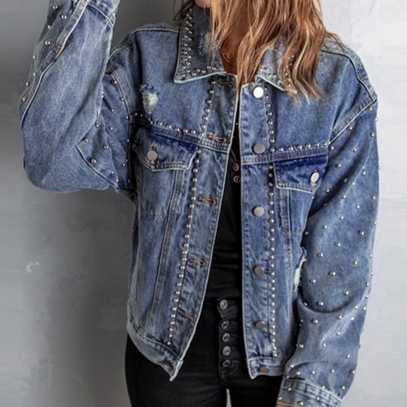 Studded button down denim jacket, size M - Picture 5 of 6